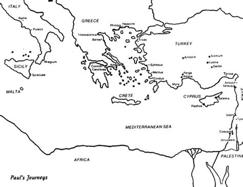 Paul the apostle takes his second missionary journey around the mediterranean chronicled in the book of acts from chapters 15:35 to 18:22. Blank Map Pauls Missionary Journeys Sketch Coloring Page ...