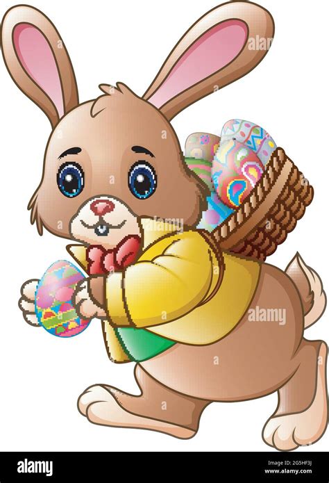Cartoon Easter Bunny Carrying A Basket Full Of Eggs Stock Vector Image