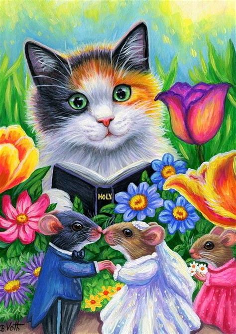 Aceo Artist Calico Cat Mouse Bride Wedding Spring Garden Painting Art 5