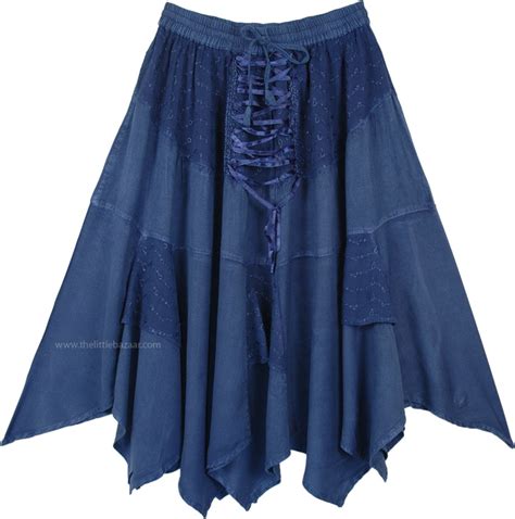 Denim Blue Western Mid Length Handkerchief Hem Skirt Blue Stonewash