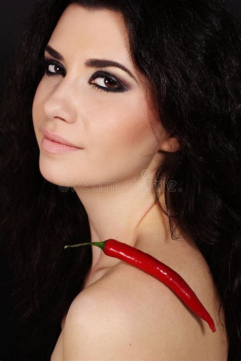 Naked Brunette Girl With Red Chilli Peppers Stock Image Image Of