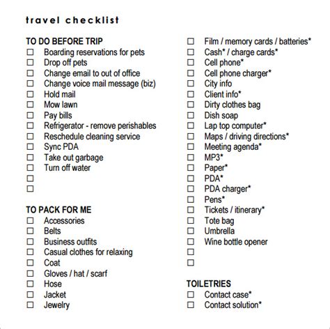 Travel Checklist Samples Sample Templates