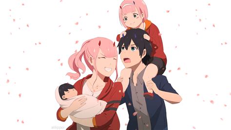 Darling In The Franxx Zero Two Hiro With Children With Background Of