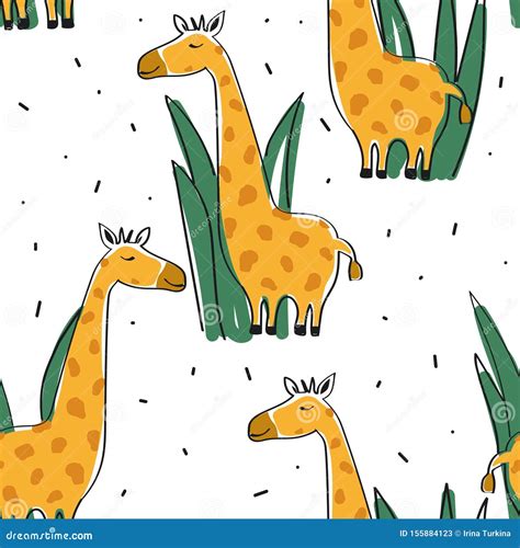 Happy Giraffes In Grass Colorful Seamless Pattern Decorative Cute