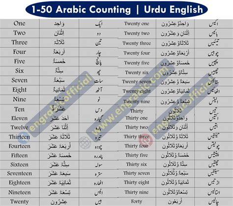 Arabic Counting 1 To 100 List In English And Urdu