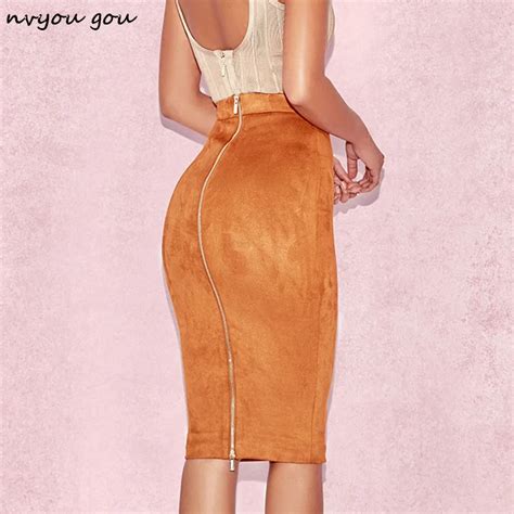 Nvyou Gou Women High Waist Zipper Suede Midi Skirts Faux Leather Elegant Skirts Sexy Club