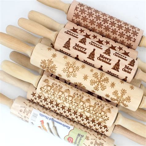43cm Christmas Embossing Rolling Pin Engraved Carved Wood Embossed