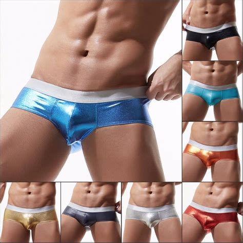 Sexy Men Underwear Gay Faux Leather Boxer Shorts Underpants Male Mid Waist U Convex Pouch