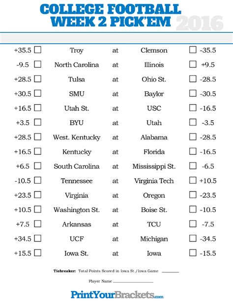 Week 2 College Football Pickem Sheets Printable