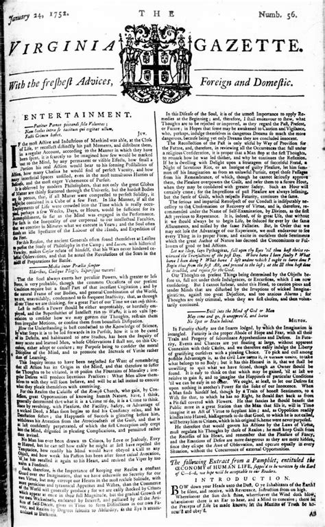 Virginia Gazette Hunter Jan 24 1752 Pg 1 The Colonial