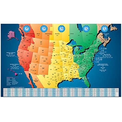 North America Laminated Gloss Full Color Time Zone Area Code Map