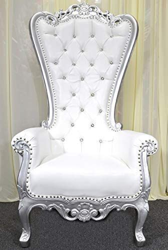 New Silver Baroque Hand Carved Throne Chair With White Vinyl Crystal