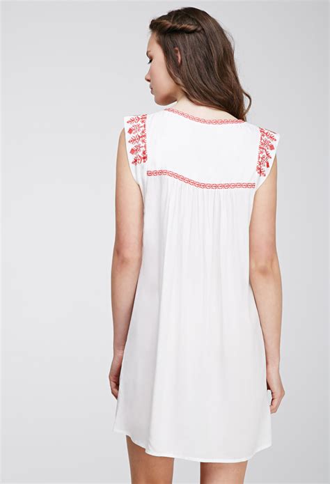 Lyst Forever 21 Embroidered Peasant Dress In Natural