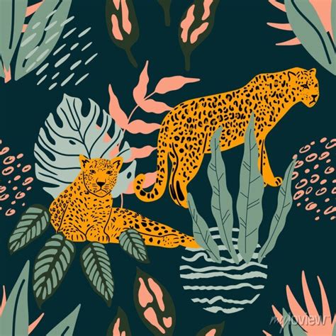 Wild Animals And Tropical Leaves Leopards In The Jungle Wall Mural