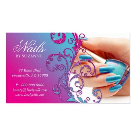 Nail Salon Business Card Glitter Blue Pink Zazzle