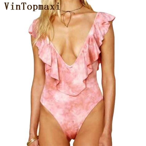 Buy Ruffled Swimsuit Hot Summer New Arrival Sexy Cheeky Plunging Neck Flouncing