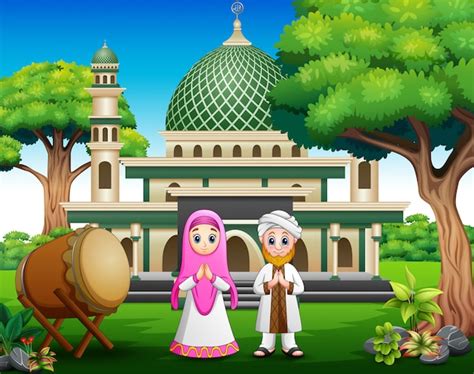 Premium Vector Cartoon Muslim People In Front The Mosque