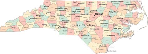 Multi Color North Carolina Map With Counties Capitals And Major Citi