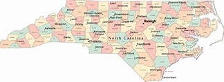 Multi Color North Carolina Map with Counties, Capitals, and Major Citi