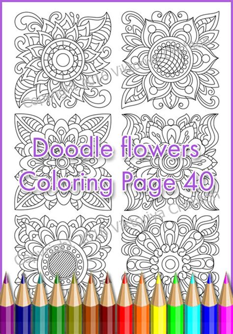 Сoloring Page Doodle Flowers Printable For Adults Zentangle Etsy