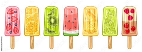 Vector Set Of Fruit Popsicle Lot Collection Of 7 Cut Out Illustrations