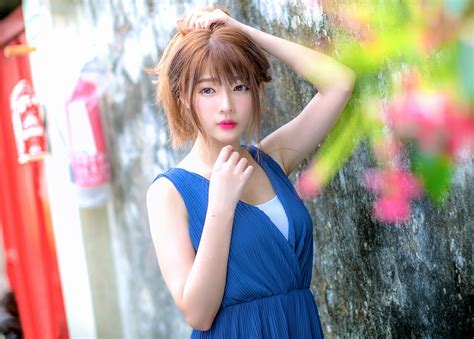 2048x1465 Girl Asian Woman Brunette Blue Dress Lipstick Model