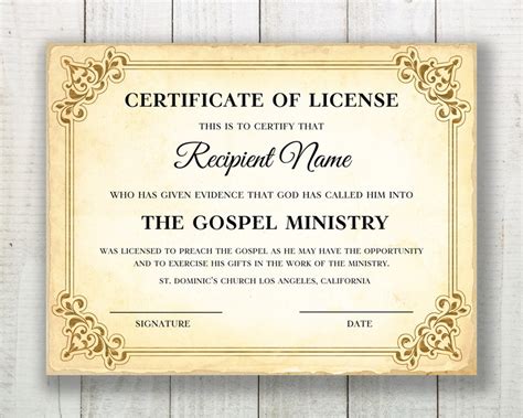Certificate Of License Template Editable License To Preach Certificate