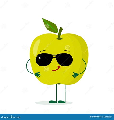 Kawaii Cute Green Apple Fruit Character In The Style Of A Cartoon In