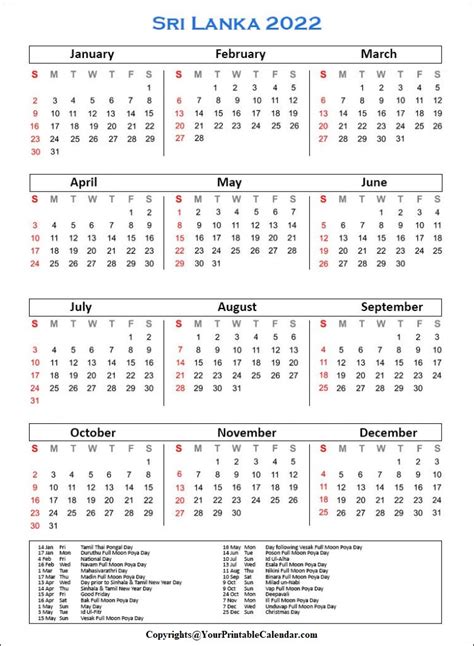 Printable Free Sri Lanka 2023 Calendar With Holidays Pdf