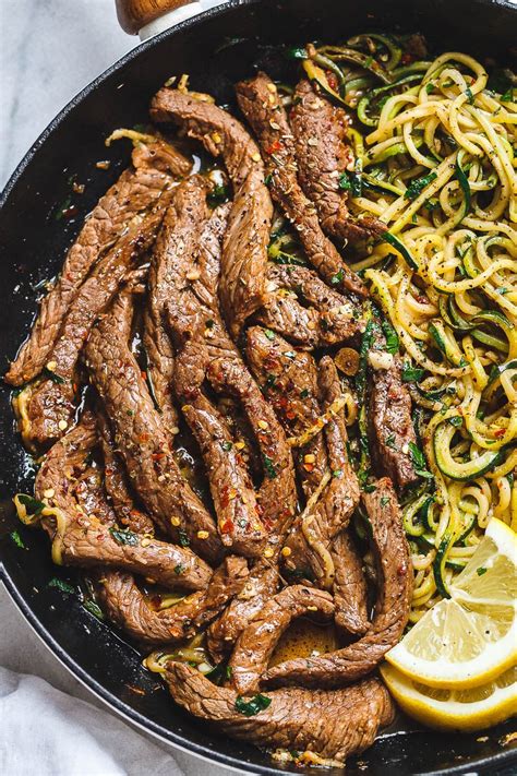 Delicious juicy marinated steak and zucchini noodles cook up together in just one pan for a quick low carb meal you'll be crazy about. Lemon Garlic Butter Steak with Zucchini Noodles - Steak ...