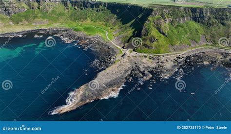 Aerial View Of Giants Causeway Atlantic Ocean On North Coast Co Antrim