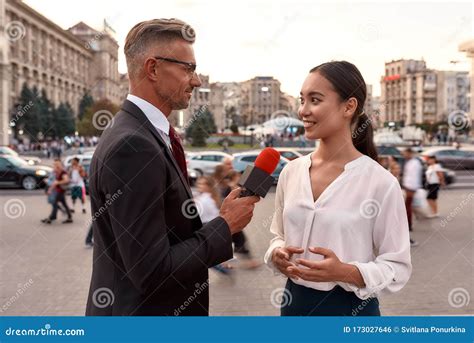 Its Time To Get Connected Professional Reporter Interviewing Woman On