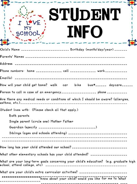 Editable Free Printable Student Information Sheet For Teachers