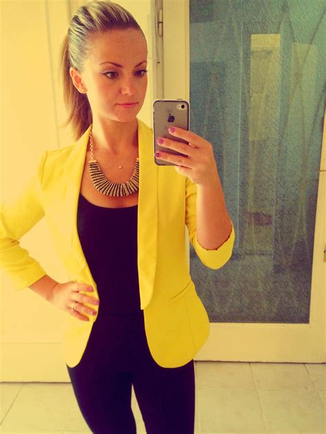 Yellow Blazer Black Outfit Office Attire Women Work Attire Outfit