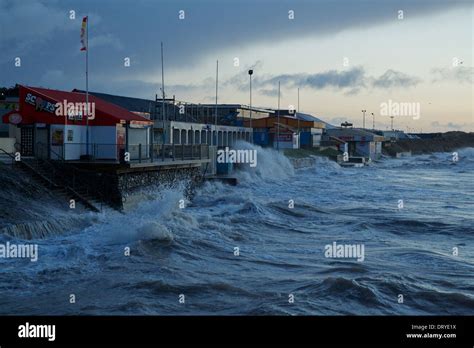 Winter Storm And Huge Waves Hit Coastline At Porthcawl During Sunrise