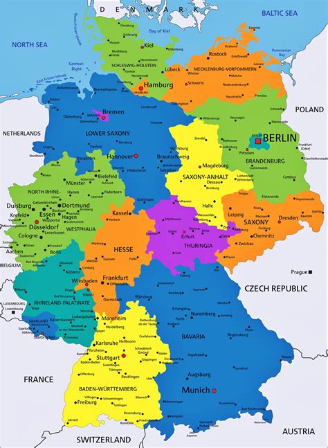 Detailed large political map of germany showing names of capital cities, towns, states, provinces and boundaries with neighbouring countries. Cities map of Germany - OrangeSmile.com