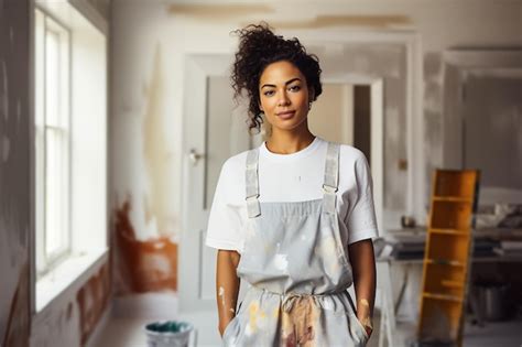 Premium Ai Image Portrait Of Beautiful Multiracial House Painter Female In Renovation Room