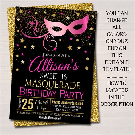 Masquerade 16th Birthday Invitation, Printable Party Invite Glam Birth ...