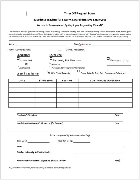 Time Off Request Form Template Printable Samples