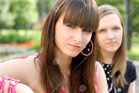Two Female Friends On Bench Stock Image Image Of Caucasians Modern