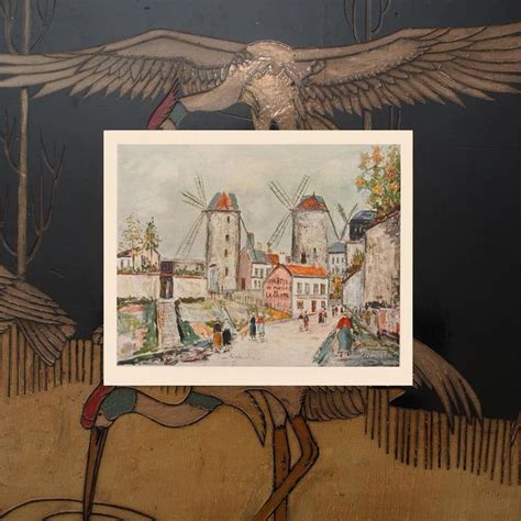 A Painting Of A Bird Flying In The Air With Buildings And Windmills