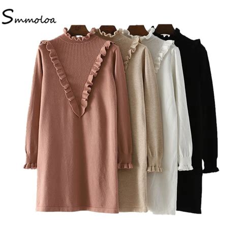 Smmoloa Winter Sweater Dress Women Long Sleeve Ruffles Knitted Dress