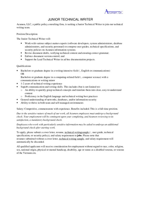 Junior Technical Writer Job Description Template Printable Pdf Download