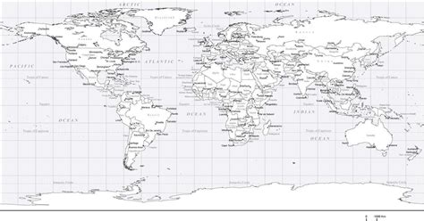 Black And White World Map With Countries Capitals And Major Cities