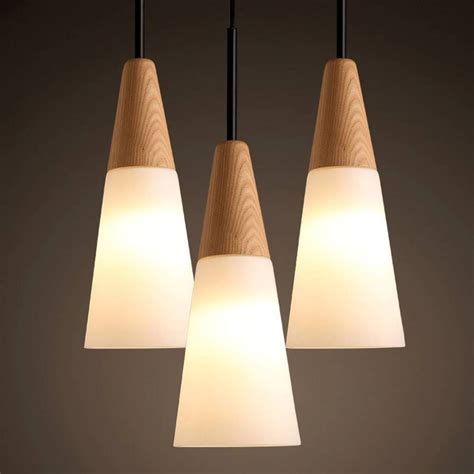 Nordic Oak Wood Glass Pendant Lamp Modern Circular Cone Shape Glass Dining Room Hanging Lamp