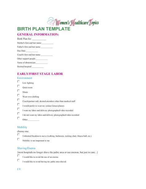 47 Printable Birth Plan Templates Birth Plan Checklist Templatelab