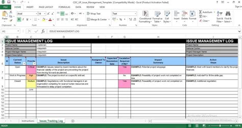 Sample Of Editable Issue Management Excel Template Project Management
