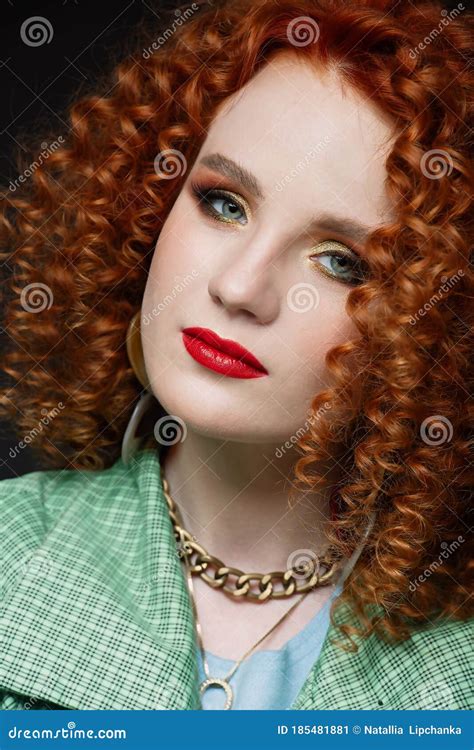 Close Up Portrait Of Girl Curly Red Hair Red Lipstick Calm Look