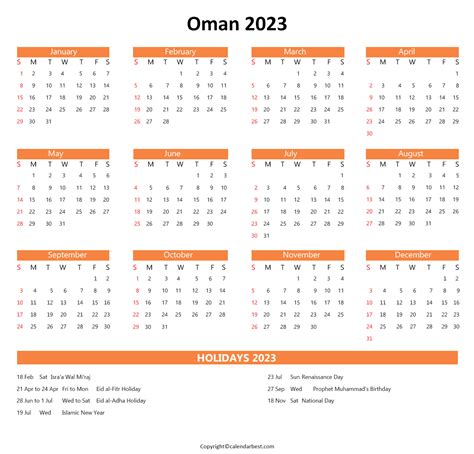 Oman Calendar 2023 With Holidays Free Printable In Pdf