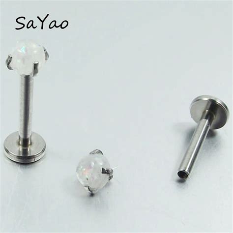 Sayao 1pieces 16g Opal Stone Lip Ring Internally Threaded Prong Top Gem